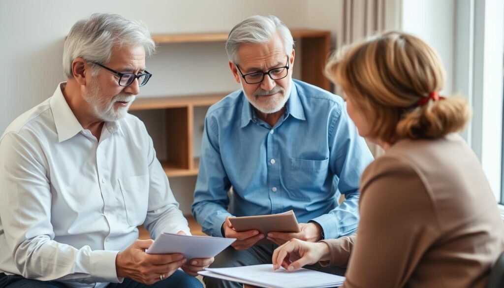 Senior couple discussing life insurance for seniors 60-69 questions with advisor Senior couple discussing life insurance for seniors 60-69 questions with advisor
