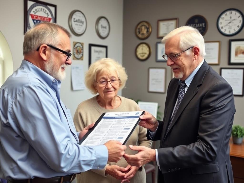 Senior couple meeting with independent insurance agent to compare life insurance options