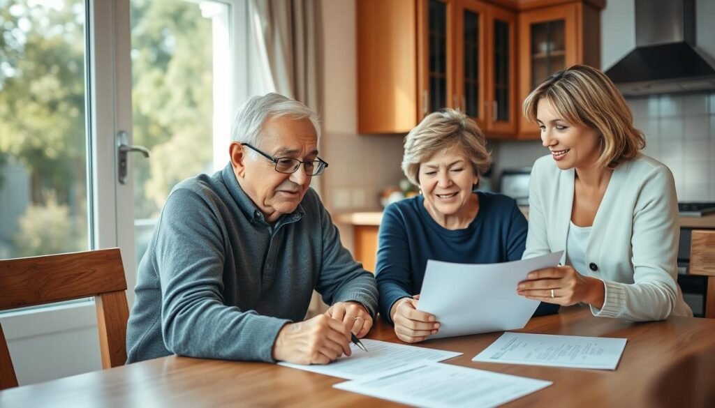 Senior couple reviewing life insurance documents with an advisor