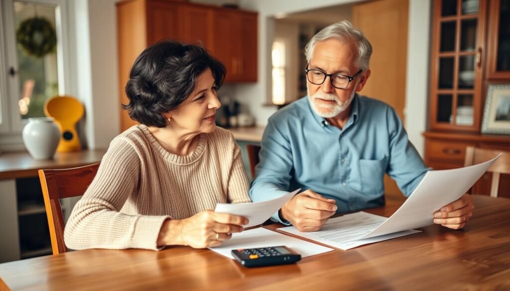 Senior couple reviewing life insurance for seniors 60-69 documents together