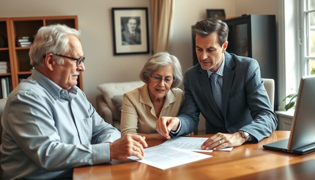 Senior couple reviewing life insurance for seniors 70-79 documents with a financial advisor