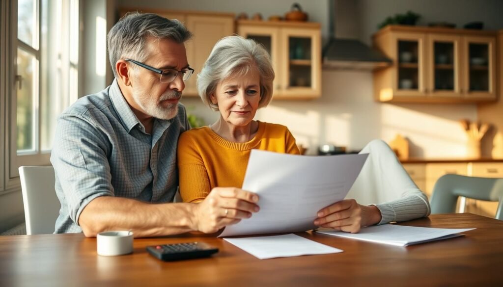 Senior couple reviewing life insurance options for people 50-59 years old