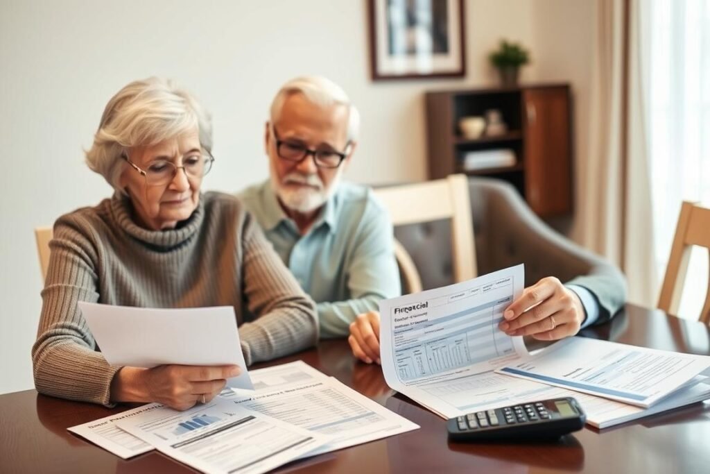 Senior couple reviewing savings account statements for self-insurance