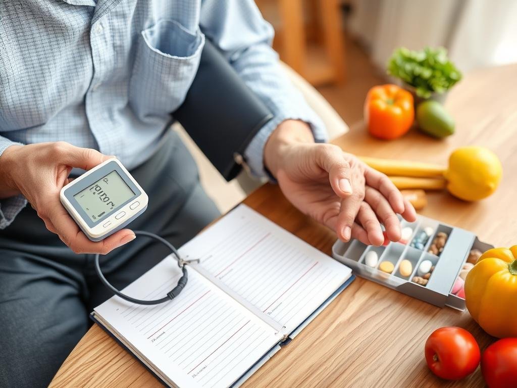 Senior measuring blood pressure and checking health metrics before applying for life insurance