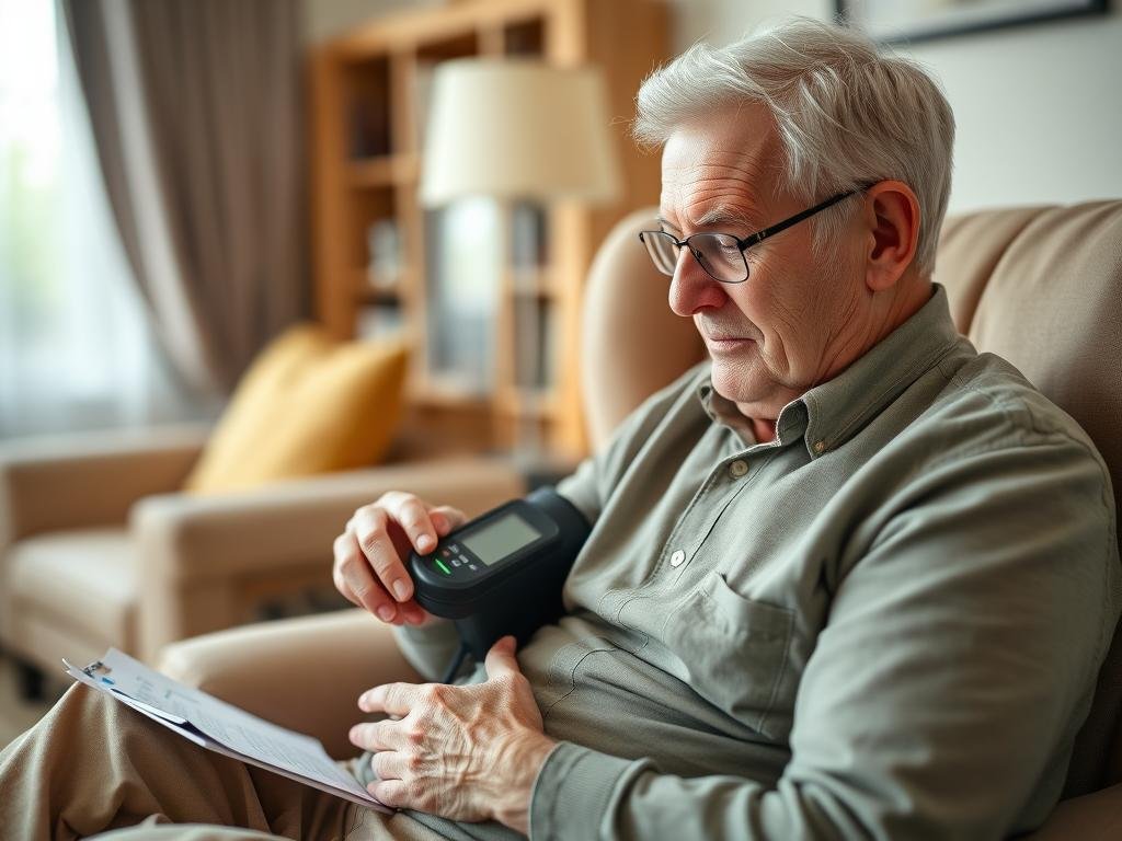 Senior measuring blood pressure for life insurance for seniors 70-79 health assessment