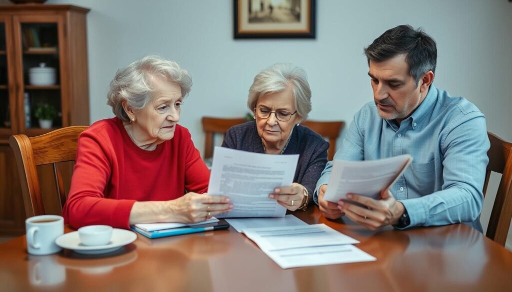 Senior woman discussing life insurance options with family members