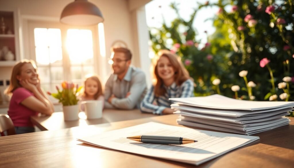 Vibrant life insurance benefits depicted in a serene, sunlit setting. In the foreground, a family gathers around a kitchen table, their faces filled with relief and gratitude. Midground, a stack of documents and a pen, symbolizing the financial security provided by the policy. In the background, a lush garden scene with blooming flowers, conveying a sense of growth, renewal, and protection. The lighting is warm and natural, evoking a feeling of comfort and tranquility. The overall composition suggests the profound impact of life insurance on the well-being and peace of mind of loved ones.