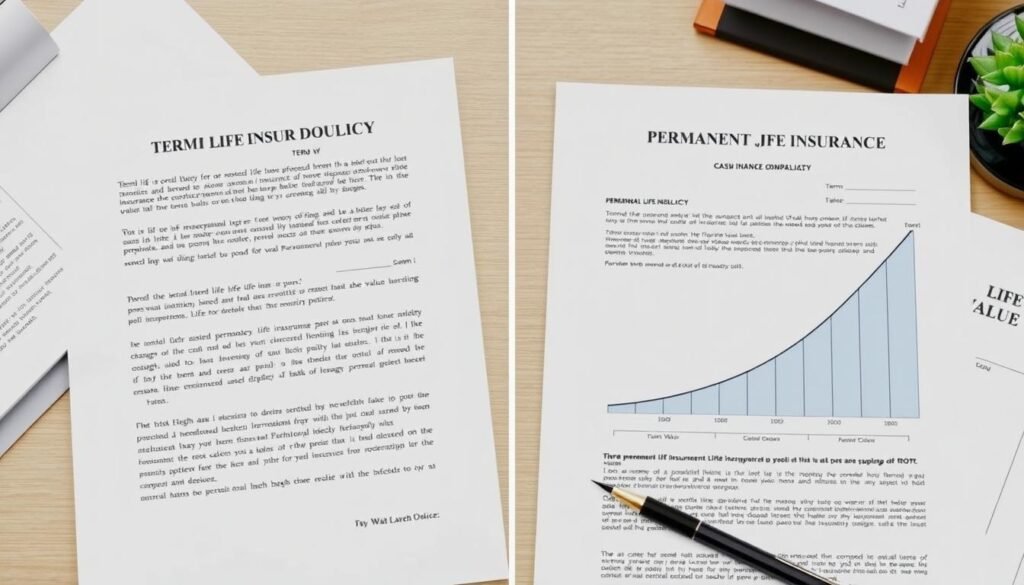 Visual comparison of term and permanent life insurance policies for 40-49 year olds showing policy documents and benefit illustrations