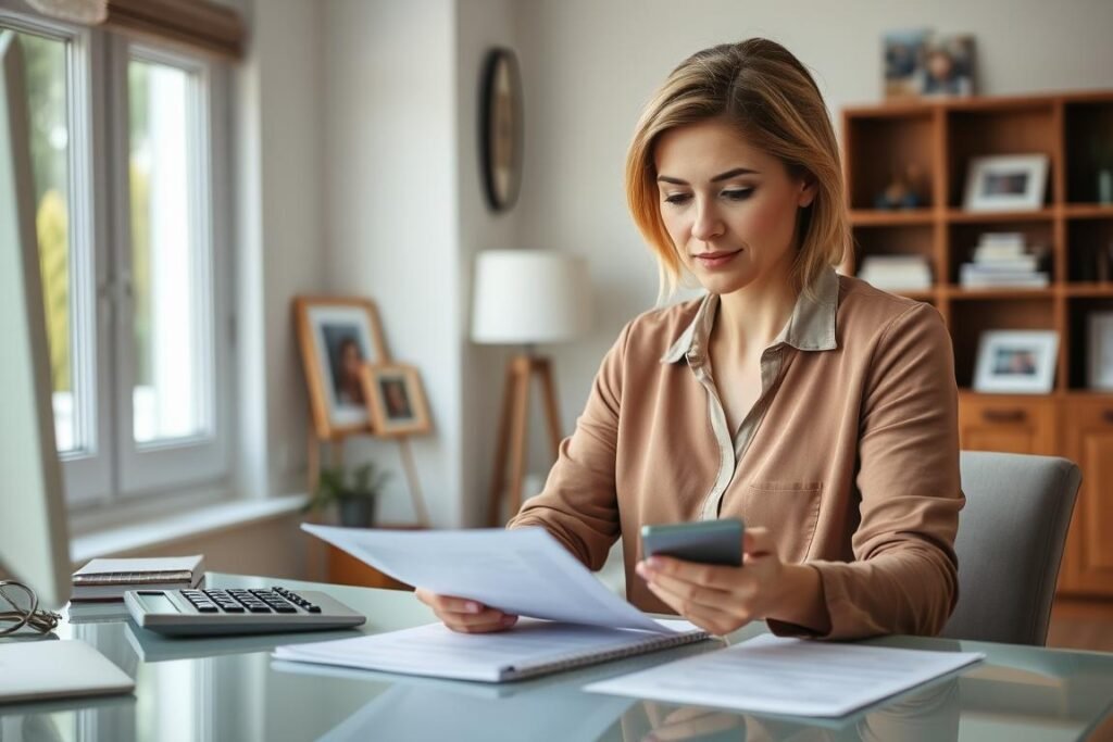 Woman in her 30s reviewing life insurance documents for proper coverage calculation Woman in her 30s reviewing life insurance documents for proper coverage calculation
