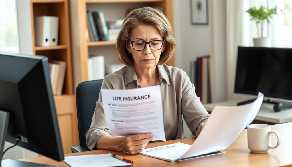 Woman in her 50s reviewing life insurance policy documents Woman in her 50s reviewing life insurance policy documents