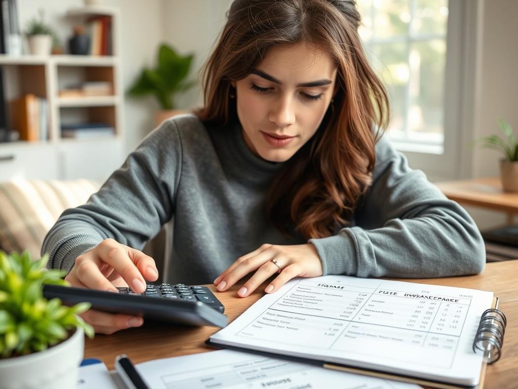 Young adult calculating life insurance needs on a calculator