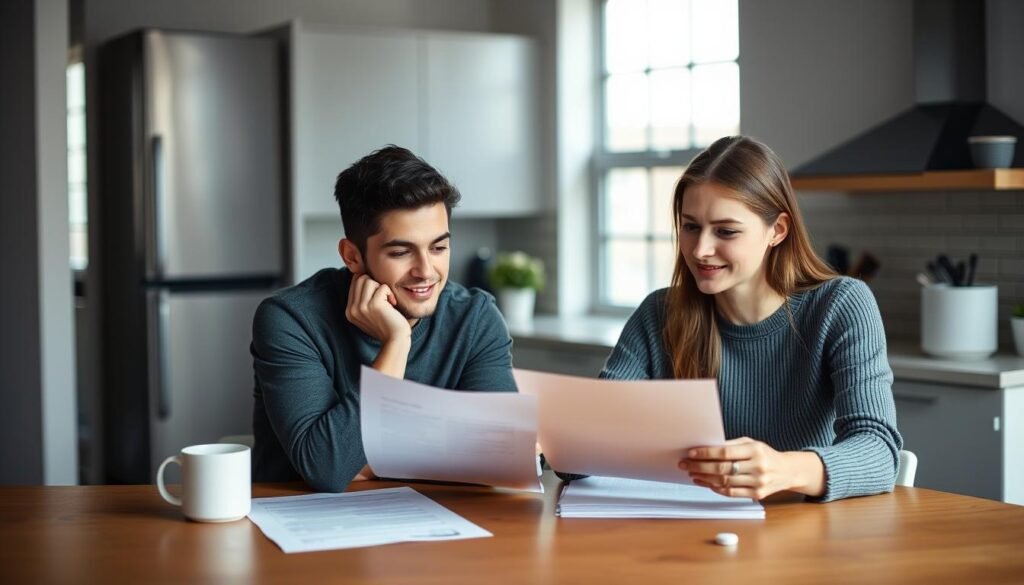 Young adult couple reviewing life insurance documents together