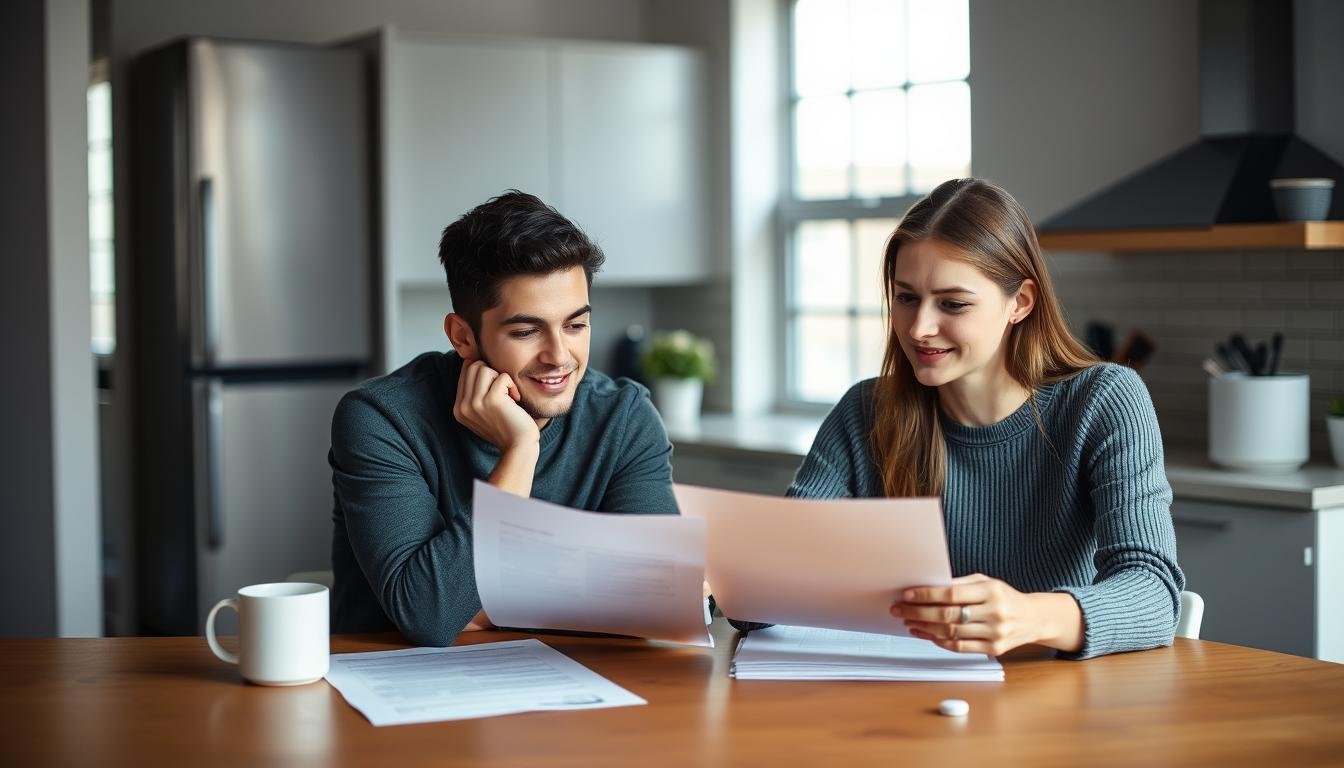 Young adult couple reviewing life insurance documents together