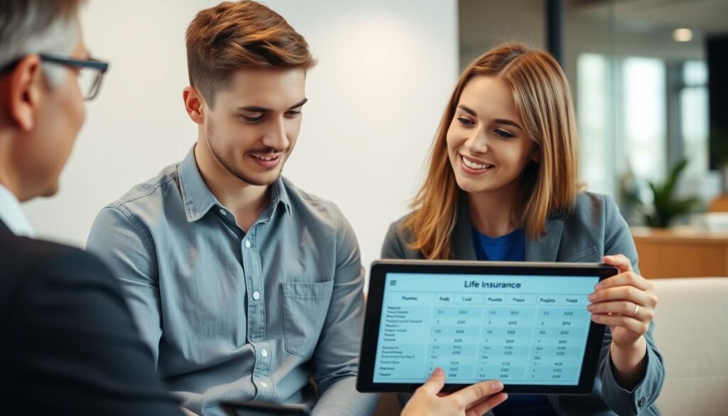 Young adult discussing life insurance factors with an agent