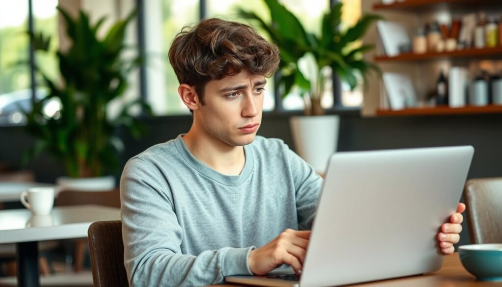Young adult looking confused while reading about life insurance myths online Young adult looking confused while reading about life insurance myths online