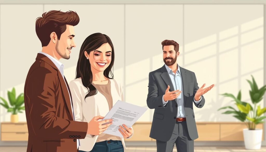 a detailed digital illustration of an affordable life insurance policy, showcasing a young, financially savvy couple discussing their options with a helpful insurance agent. The foreground features the couple, dressed in casual but professional attire, with warm, friendly expressions as they review documents on a tablet. The middle ground depicts the insurance agent, wearing a smart suit, gesturing enthusiastically while explaining policy details. The background showcases a modern, minimalist office setting with clean lines, natural lighting, and a sense of trust and financial security. The overall mood is one of financial empowerment, accessibility, and the importance of securing a stable future.