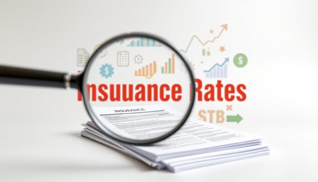 a detailed, realistic illustration of life insurance rates, set against a clean, minimalist background. The foreground features a magnifying glass hovering over a stack of insurance documents, highlighting the fine print and numerical data. The middle ground showcases various insurance-related icons and infographic elements, such as charts, graphs, and dollar signs, conveying the complex factors that influence life insurance costs. The background is a soft, muted gradient, creating a sense of focus and emphasizing the analytical nature of the subject matter. The lighting is natural and evenly distributed, creating a professional, authoritative atmosphere. The camera angle is slightly elevated, giving the viewer a sense of overview and clarity.