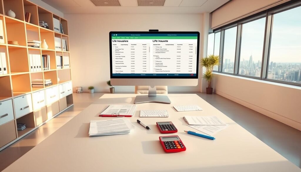 a well-lit, clean and modern office setting, with a large desk in the center, a comfortable office chair, and a computer monitor displaying various life insurance quotes from different providers. On the desk, there are various documents, a pen, and a calculator, suggesting the process of comparing and analyzing the quotes. The background features shelves with books and binders, and a large window overlooking a cityscape, creating a professional and productive atmosphere. The lighting is warm and natural, creating a welcoming and inviting environment for the viewer to engage with the content. The overall scene conveys the idea of a thoughtful and informed decision-making process when it comes to selecting the right life insurance policy.